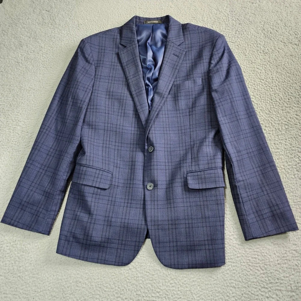 Awearness Kenneth Cole Sport Coat Mens 42R Blue Plaid Slim Fit Wool Blend Blazer